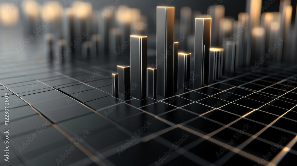 Poster an abstract d bar graph with metal-textured bars on a black grid background, with highlights and sha