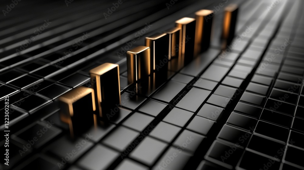 Poster an abstract d bar graph with metal-textured bars on a black grid background, with highlights and sha
