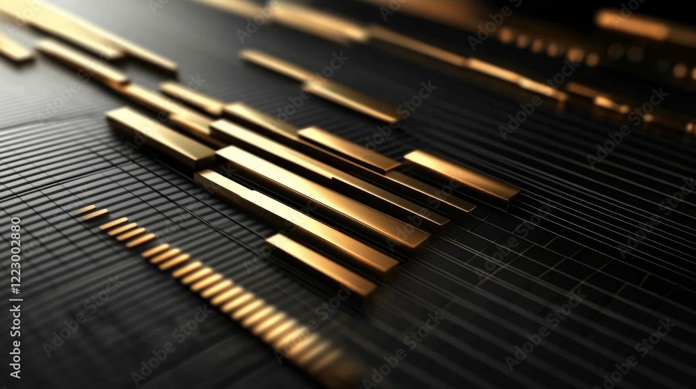 Poster an abstract d bar graph with metal-textured bars on a black grid background, with highlights and sha