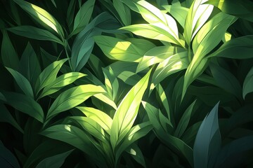 Fototapeta premium An artistic background of large green leaves, highlighting their textures and soft shadows under natural lighting for a lush and organic feel