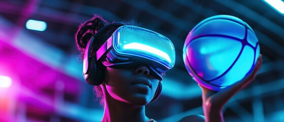 Virtual reality headset user engaging with a basketball, showcasing immersive gaming experience in a neon-lit sports environment, technology and gameplay innovation.