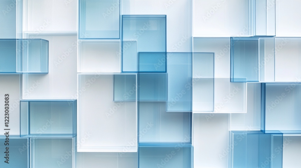 Leinwandbilder An abstract background with overlapping transparent squares in shades of blue, creating a modern, minimalist feel with clean lines and depth