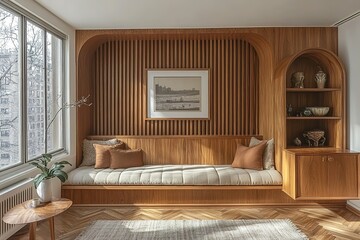 Sunlit built-in window seat with wood paneling and integrated shelving creating a tranquil reading nook