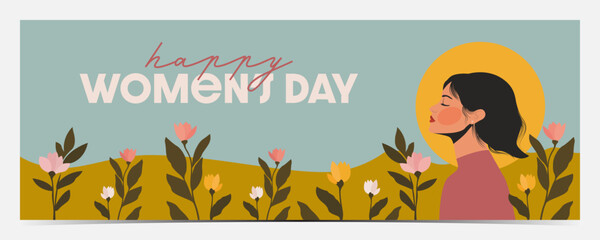 Colorful International Women's Day, March 8 banner, cover, poster, greeting card, label, flyer with beautiful woman surrounded by flowers, vector illustration