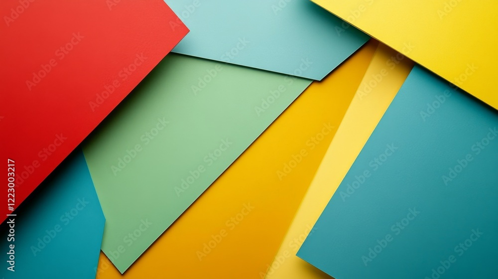 Poster an abstract background with vibrant geometric shapes in various colors, creating a dynamic and playf
