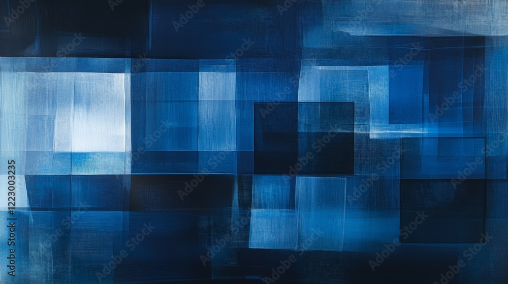 Poster an abstract background with overlapping transparent squares in shades of blue, creating a modern, mi