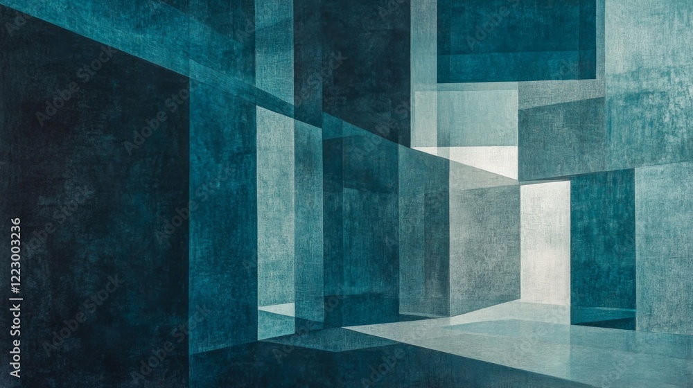Poster an abstract background with overlapping transparent squares in shades of blue, creating a modern, mi