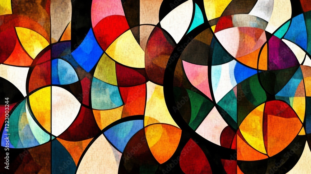 Poster an abstract background with vibrant geometric shapes in various colors, creating a dynamic and playf