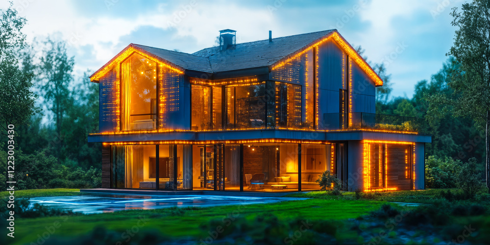 Poster modern smart home with advanced security and automation systems illuminated at dusk