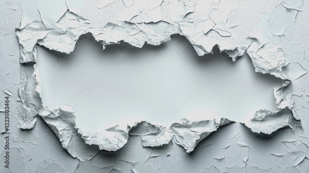 Poster hole in a white wall revealing empty space behind it in a minimalist setting with light and clean ae