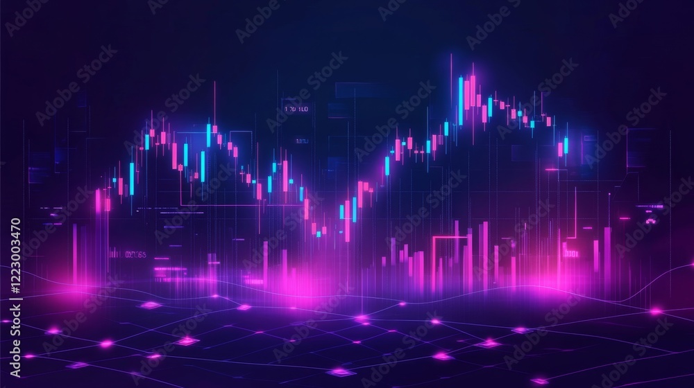 Fototapete An abstract financial graph with glowing data points and smooth lines, set against a dark gradient background, conveying a modern and high-tech feel