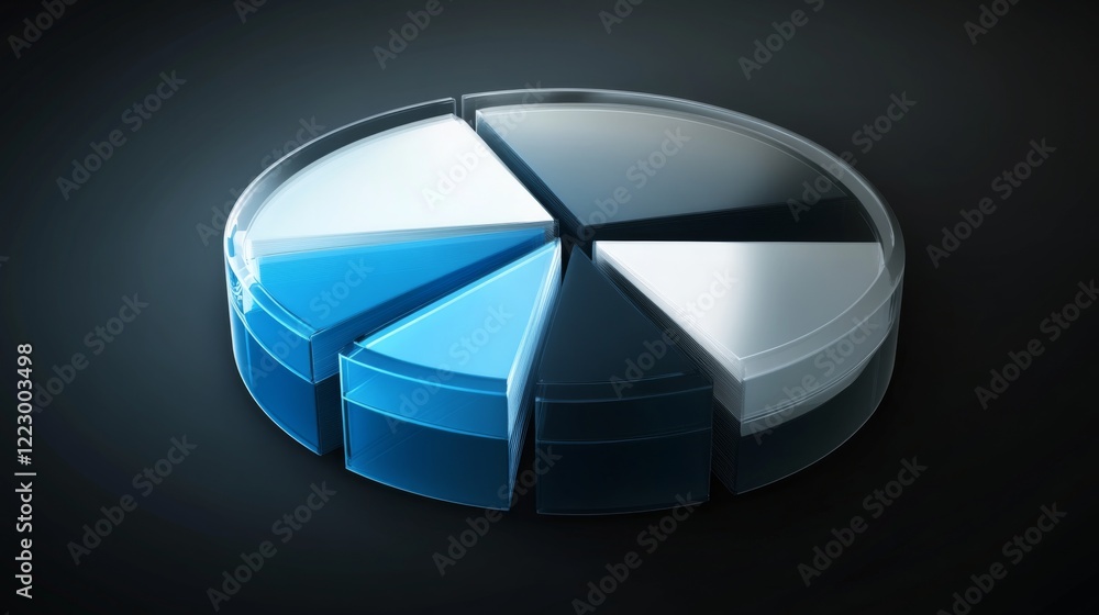 Aufkleber an abstract financial pie chart with transparent slices in shades of blue and gray, on a dark gradie