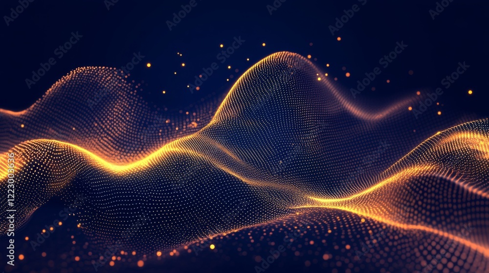 Poster an abstract gold price line chart on a dark blue background with glowing data points and a smooth cu