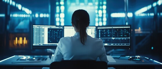 Woman at workstation analyzing data on multiple monitors in a high-tech environment, focusing on cybersecurity, digital infrastructure, and network monitoring.