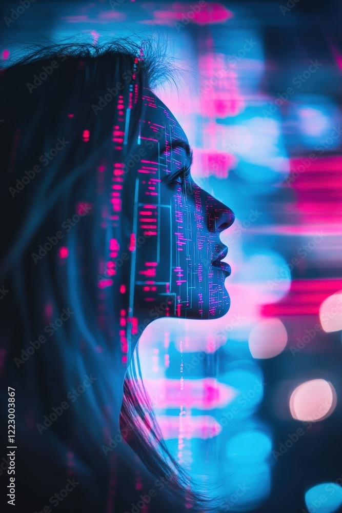Poster woman in profile with digital data overlay representing technology, innovation, and data analysis in