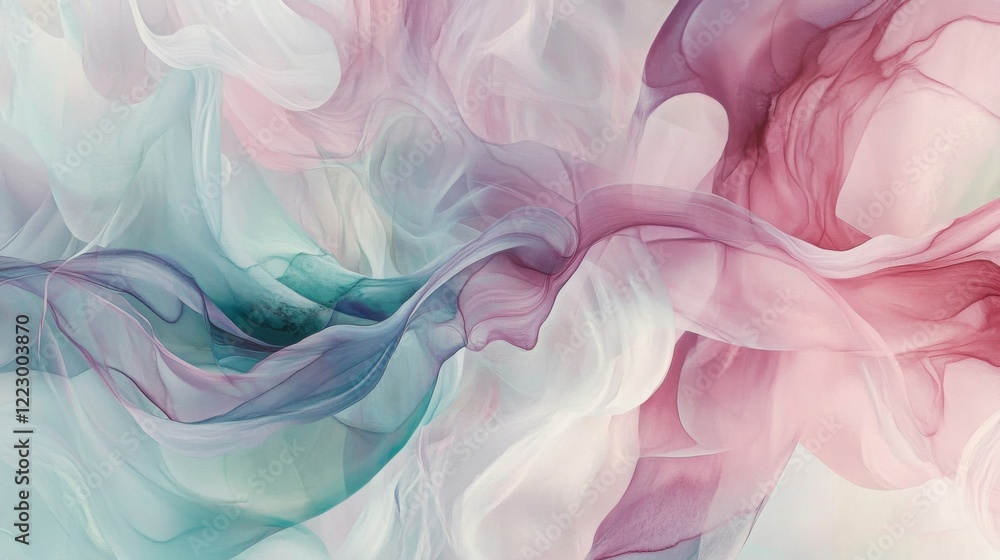 Poster An abstract watercolor background in soft pastel shades with flowing, organic shapes, creating a calming and artistic look