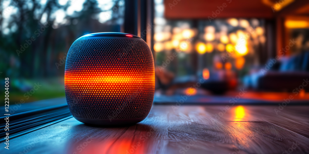 Poster ai-driven voice assistant speaker in modern home setting enhancing interactive experiences