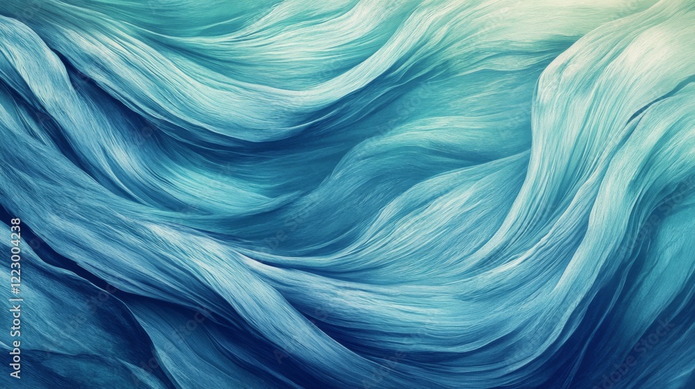 Poster An artistic close-up of flowing, curved lines in shades of blue and green, intertwining and creating a sense of fluidity against a soft gradient background