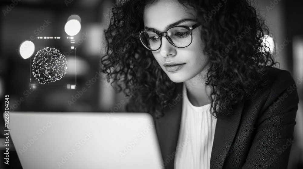 Poster woman using laptop in office with digital interface displaying brain graphics, symbolizing ai techno