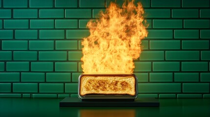 Fototapeta premium Burning Toast in a Toaster Against a Vibrant Green Brick Wall