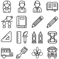 Set of outline icons related to kindergarten. Linear icon collection. Editable stroke. Vector illustration