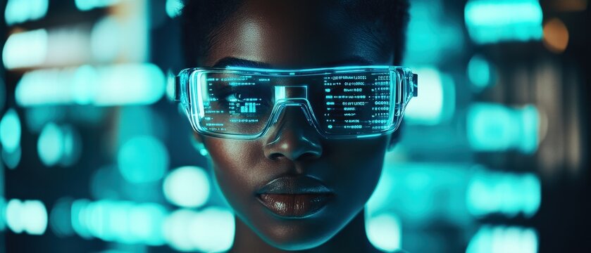 Woman with augmented reality glasses surrounded by futuristic digital interface, showcasing technology, innovation, and virtual exploration in modern society.