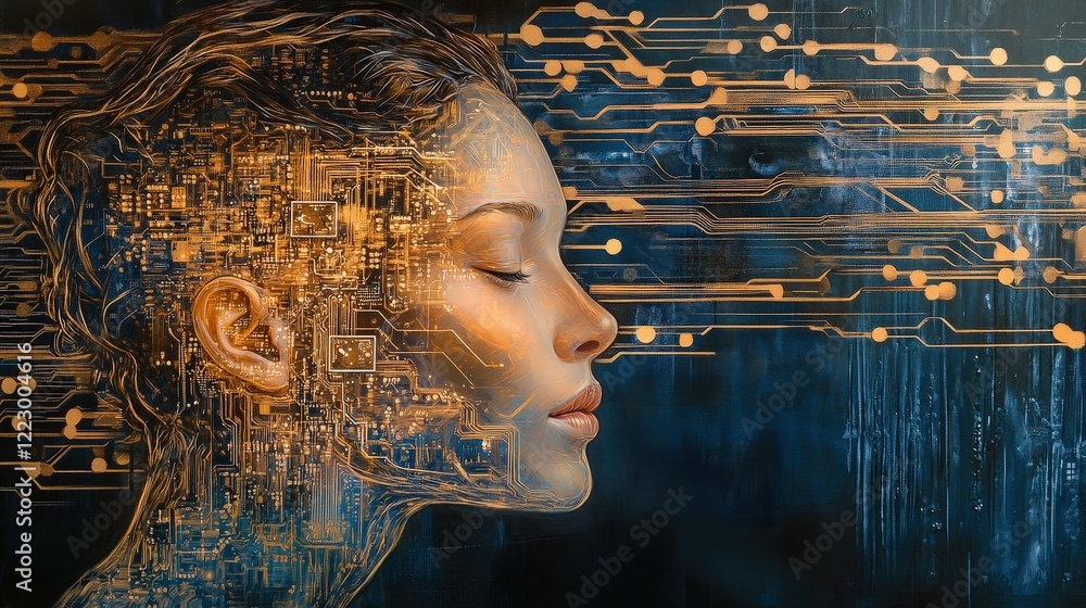 Poster woman with digital circuit patterns blended into her profile symbolizing artificial intelligence, te
