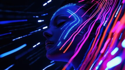 Woman with glowing neon face paint and vibrant light trails creating an abstract background, showcasing digital art and creative technology in design.