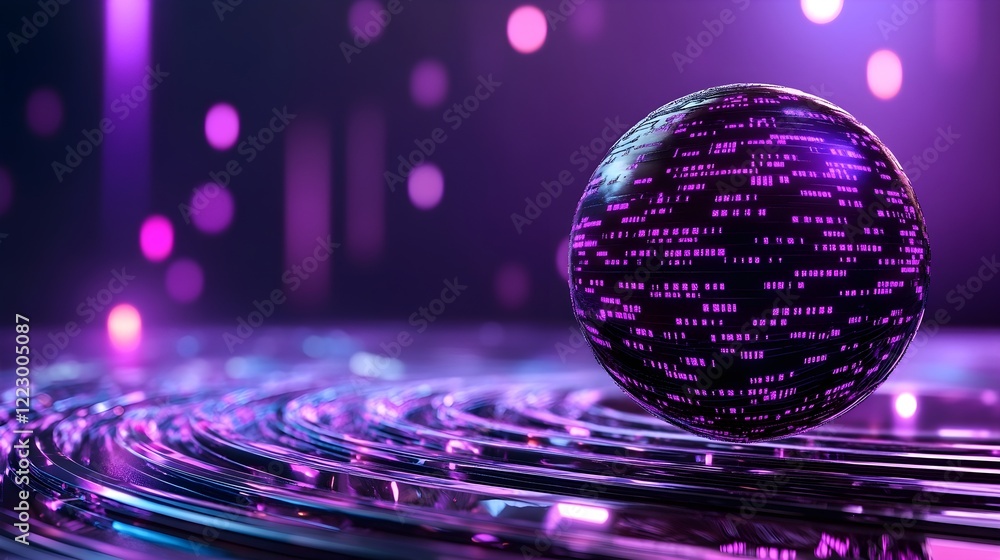 Poster abstract purple sphere on reflective surface with digital patterns