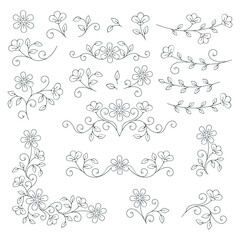 Set of floral line drawing elements, borders, monograms, text dividers, corner decor. Vector illustrations isolated on white background.
