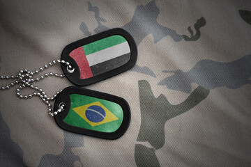 vintage army blank, dog tag with flag of united arab emirates and brazil on the khaki texture...