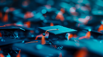 A Close-Up of Graduation Caps in Teal and Orange Hues: A Symbol of Achievement