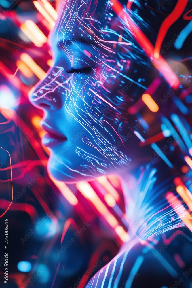 Poster womans profile illuminated with vibrant neon lights, showcasing futuristic digital technology and ab