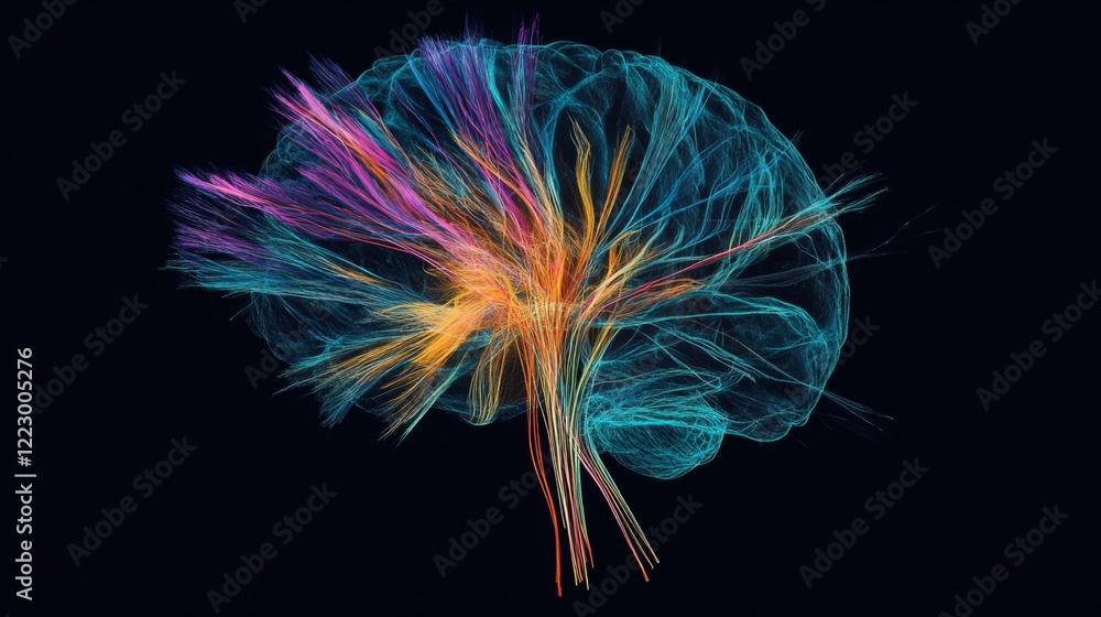 Aufkleber an artistic illustration of a brain with vibrant, colorful neural pathways branching out, symbolizin