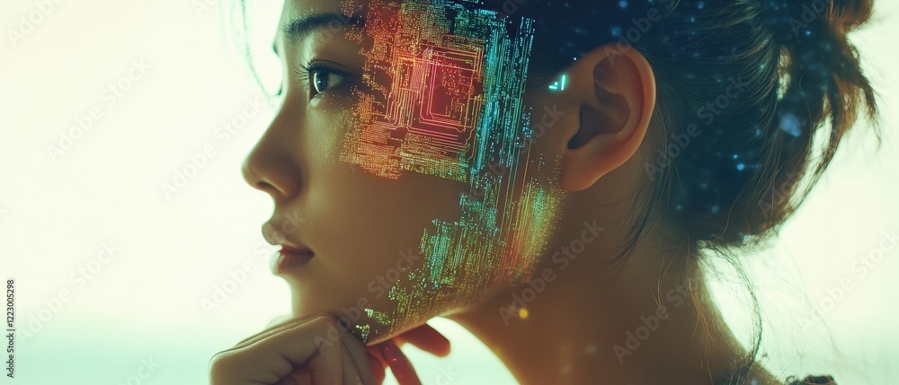Poster womans profile with digital overlay representing technology, innovation, and artificial intelligence