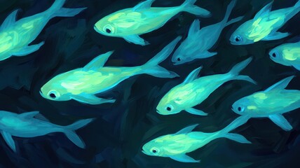 School of glowing fish swimming through an underwater cave, bioluminescent hues, soft blue and green lighting, surreal. , closes up
