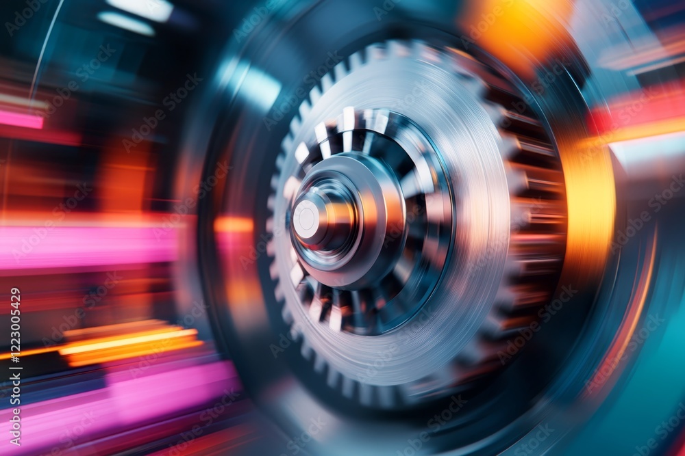 Poster dynamic gears spinning rapidly in a high-tech environment with vibrant light trails