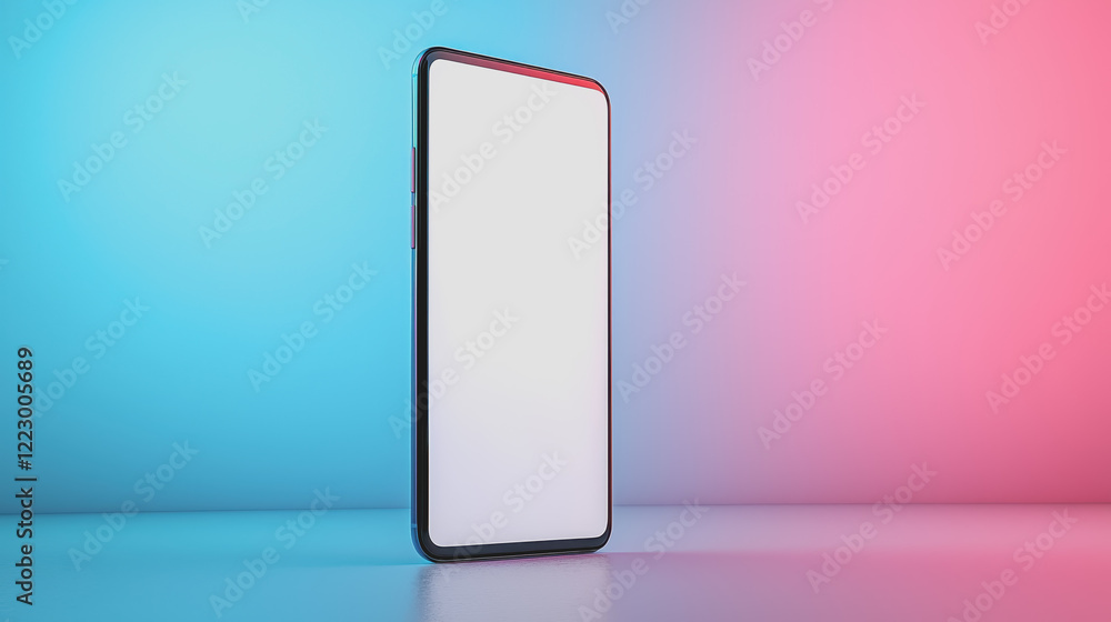 Poster smartphone with blank screen placed on a blue and pink gradient background creating a modern and min
