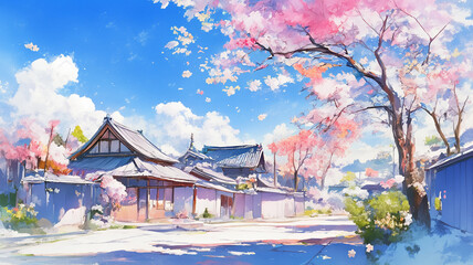 春の和風風景｜満開の桜と伝統的な日本家屋が調和する青空の下