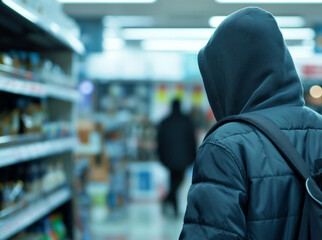 Man or boy in black hoodie in shop retail theft crime concept