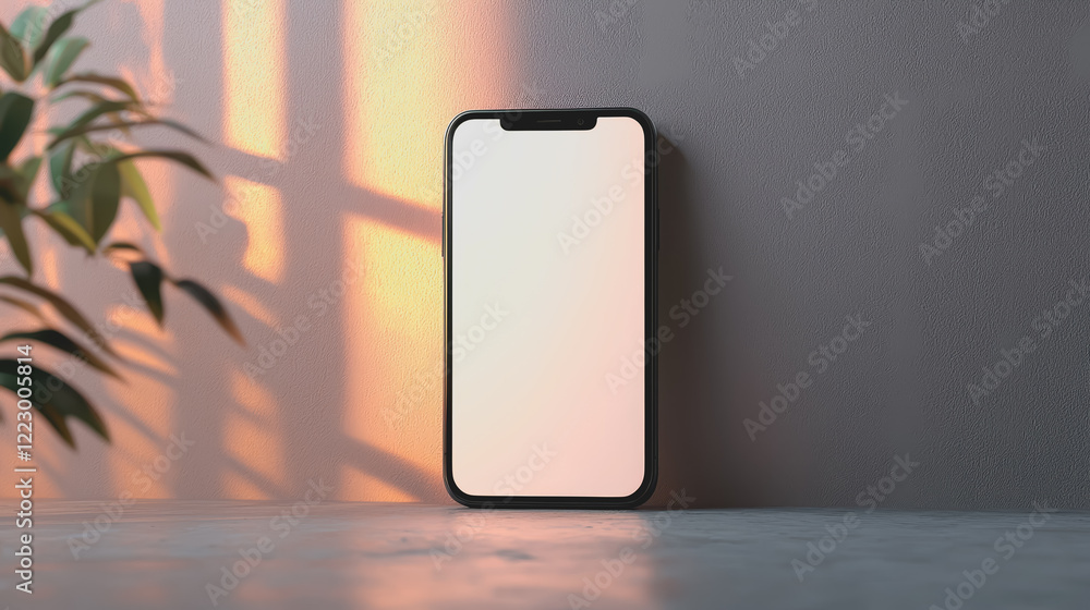 Poster a smartphone with a blank screen resting on a wooden table in a well-lit indoor environment with sof