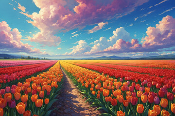 Vast tulip field in red, yellow, purple, orange, winding path, blue sky, soft clouds, gentle anime breeze