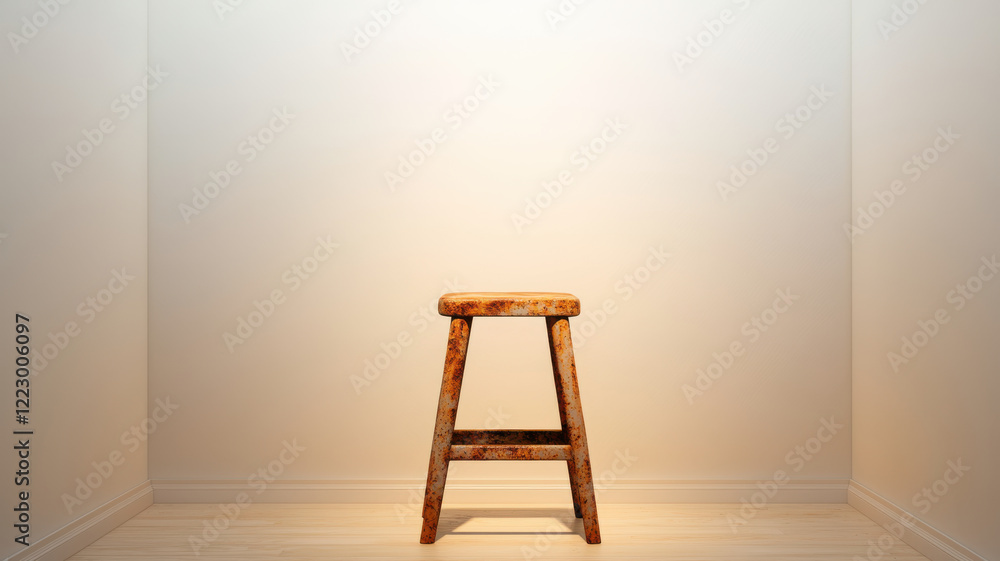 Poster representations of rust concept, small, rustic stool with weathered finish in minimalistic space