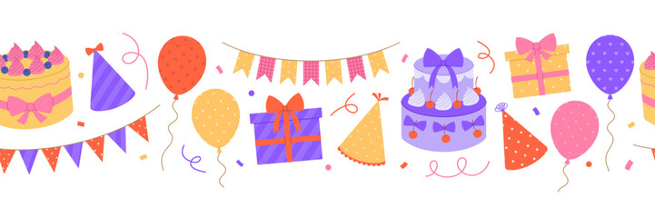 Horizontal border made from party hats, balloons, garlands, gifts, cakes and confetti. Birthday, anniversary repeating template. Holiday background. Vector flat illustration for banner, packaging