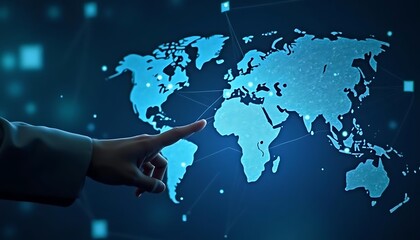 Digital world map with hand pointing at global connections and technology