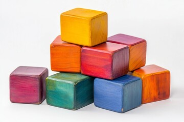 Fototapeta premium Vibrant Wooden Building Blocks in a Colorful Stacking Display. Perfect for Early Childhood Development and Imagination. A Colorful Wooden Toy for Kids to Play with and Learn