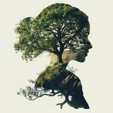 Digital art mother earth double exposure, tree of life, mock up