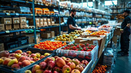 Obraz premium Boxes of fresh fruit in warehouse. Workers packing produce in cardboard boxes for subsequent delivery. In background are shelves full of products and area for sorting parcels for delivery. Logistics