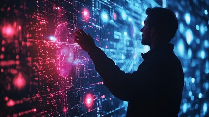 Person Interacting with Futuristic Digital Data Visualization Screen
