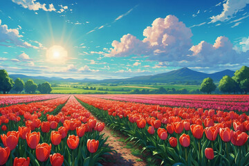 Vibrant tulip field to the horizon, colorful blooms swaying, blue sky, lush path, tranquil anime vibe